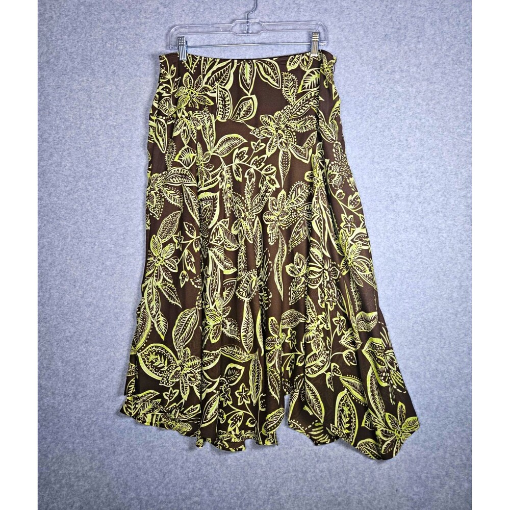 Fairygrunge Asymmetric Midi Skirt Size 12 Brown Green Floral Lined earthy boho